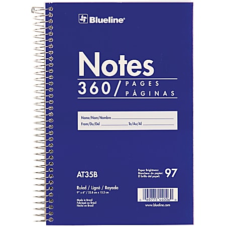 Blueline White Paper Wirebound Steno Pad - 360 Sheets - Spiral - Front Ruling Surface - 9" x 6" - White Paper - Blue Cover - Cardboard Cover - Flexible Cover - 1Each