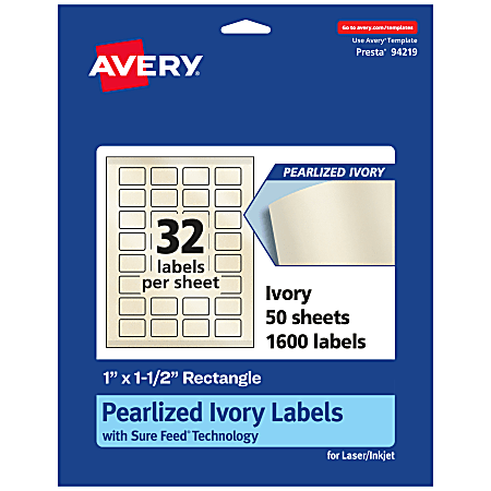 Avery® Pearlized Permanent Labels With Sure Feed®, 94219-PIP50, Rectangle, 1" x 1-1/2", Ivory, Pack Of 1,600 Labels