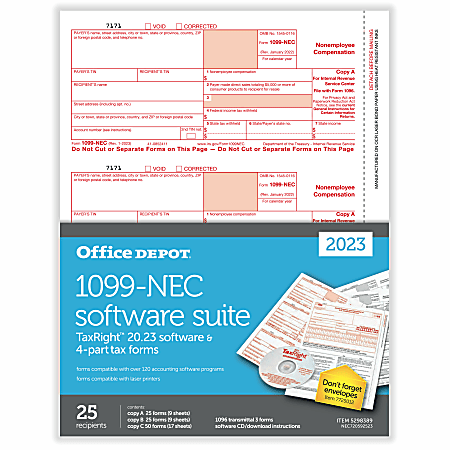 Office Depot® Brand 1099-NEC Laser Tax Forms With Software, 4-Part, 3-Up, 8-1/2" x 11", Pack Of 25 Form Sets