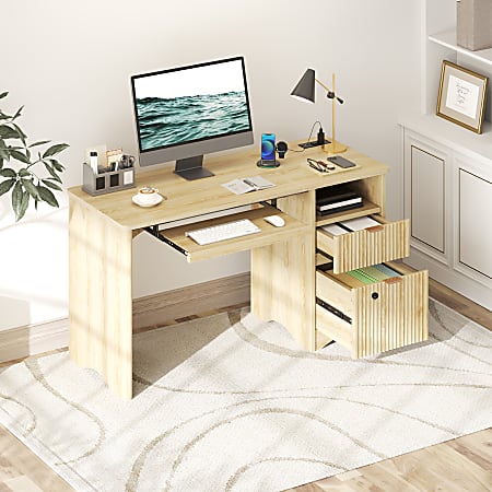 Bestier 55" Wood Computer Desk with Smart Lock Drawer, Keyboard Tray &amp; Power Outlet,Natural Oak