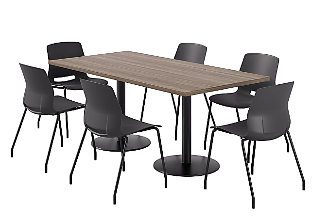 KFI Studios Proof Rectangle Pedestal Table With Imme Chairs, 31-3/4”H x 72”W x 36”D, Studio Teak Top/Black Base/Black Chairs
