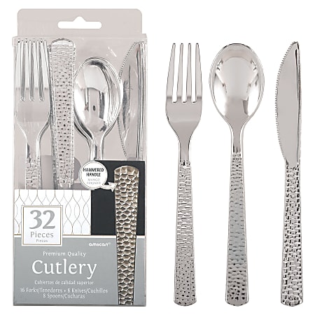 Amscan Hammered Cutlery Set, 7", Silver, Set Of 32 Pieces