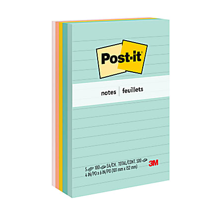 Post it Notes 6 in x 4 in 5 Pads 100 SheetsPad Clean Removal Beachside Caf  Collection Lined - Office Depot