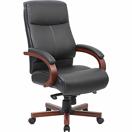 Lorell® Executive Ergonomic Bonded Leather/Wood Chair, Black/Mahogany