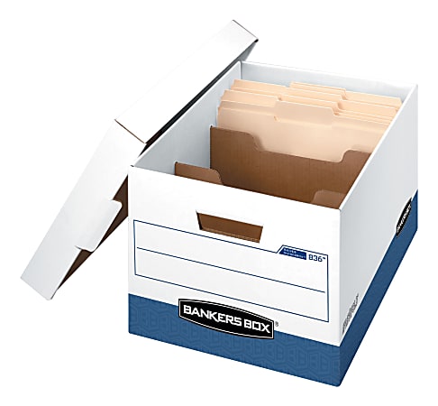 Bankers Box R Kive® DividerBox™ Heavy-Duty FastFold® File Storage Boxes With Locking Lift-Off Lids And Built-In Handles, Letter/Legal Size,  10"H x 12“W x 15"D, 60% Recycled, White/Blue, Case Of 12