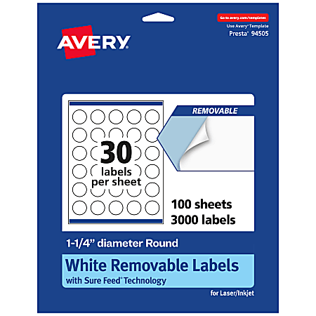 Avery® Removable Labels With Sure Feed®, 94505-RMP100, Round, 1-1/4" Diameter, White, Pack Of 3,000 Labels