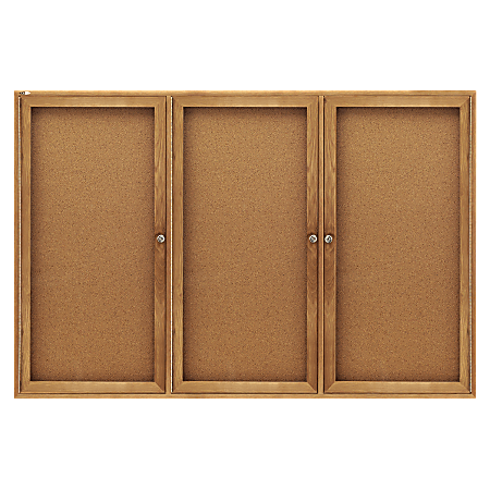Quartet® Fully Enclosed 3-Door Bulletin Board, 72" x 48", Wood Frame With Oak Finish