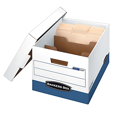 Bankers Box® R-Kive® Dividerbox™ Storage Boxes, 15" x 12" x 10", 60% Recycled, White/Blue, Pack Of 4