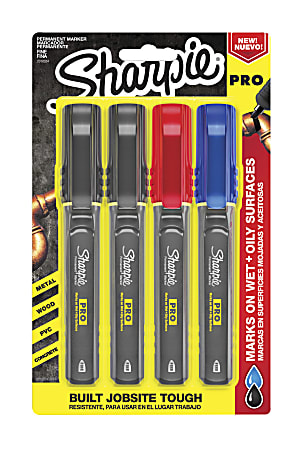 Sharpie® PRO Permanent Markers, Fine Point, Black/Gray Barrel, Assorted Ink Colors, Pack Of 4
