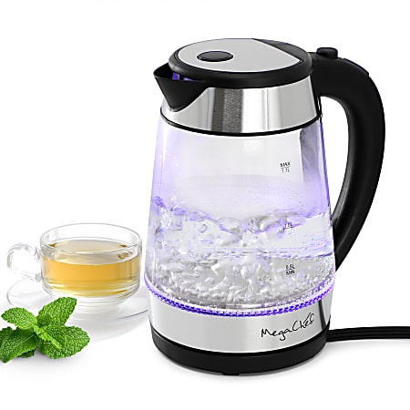 MegaChef 1.7 Quart Glass and Stainless Steel Electric Tea Kettle in Silver