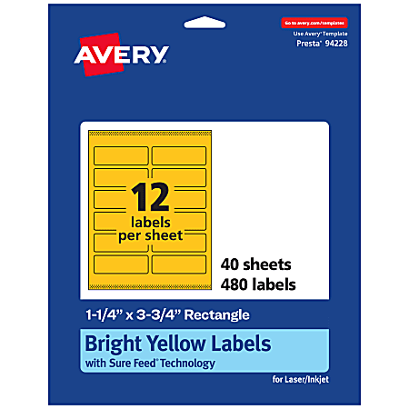 Avery® Print-To-The-Edge Labels With Sure Feed® Technology And Easy Peel®, 94228-BYP40, Rectangle, 1-1/4" x 3-3/4", Matte Bright Yellow, Pack of 480
