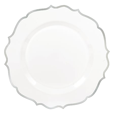 Amscan Ornate Premium Plastic Plates With Trim, 10-1/2", White/Silver, Pack Of 10 Plates