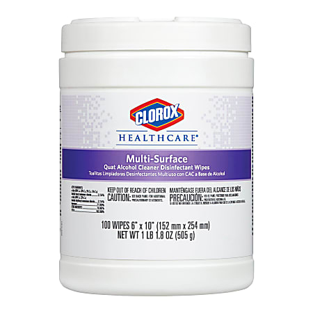 Clorox Healthcare Quat Alcohol Cleaner Disinfectant Wipes - Wipe - 6" Width x 10" Length - 100 / Canister - 1 Each - White