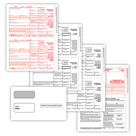 ComplyRight® 1099-MISC Tax Forms Set, 5-Part, 2-Up, Copies A/B/C, Laser, 8-1/2" x 11", Pack Of 100 Forms And Envelopes