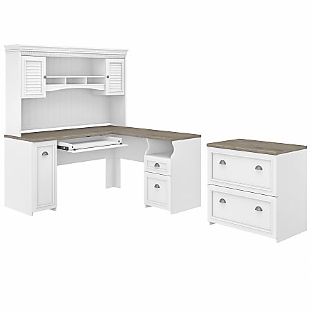 Bush Business Furniture Fairview 60"W L-Shaped Corner Desk With Hutch And Lateral File Cabinet, Shiplap Gray/Pure White, Standard Delivery