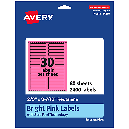 Avery® Printable Labels With Sure Feed® Technology, 94210-BPP80, Rectangle, 2/3" x 3-7/16", Matte Bright Pink, Pack of 2400