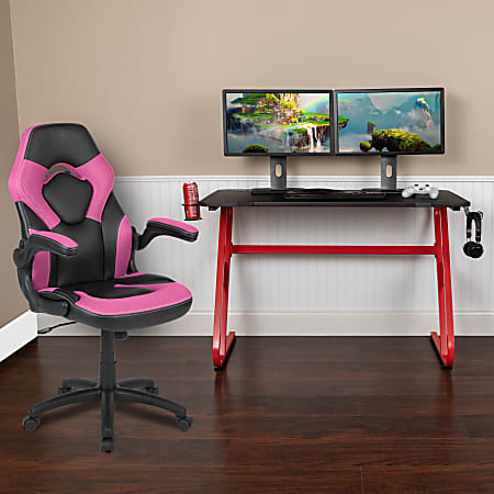 Flash Furniture Gaming Desk And Racing Chair Set With Cup Holder And Headphone Hook, Pink