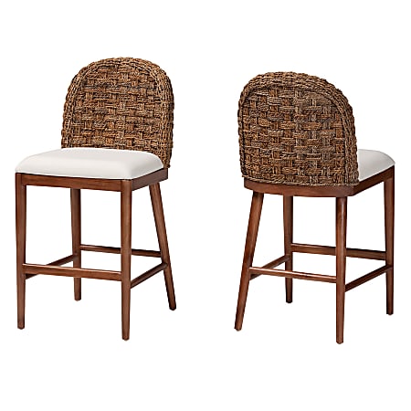 bali & pari Denver Modern Bohemian Finished Acacia Wood/Seagrass Counter-Height Stools With Backs, White/Walnut Brown, Set Of 2 Stools