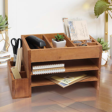 Bamboo Office Desk Accessories Workspace Organizer with Storage Drawers,2 Paper Tray and 5 Upright Slots,File Sorter Folder Holders Desktop