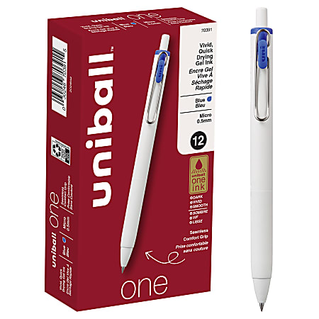 Uni-Ball® One Retractable Gel Pens, Micro Point, 0.5 mm, White Barrel, Blue Ink, Pack Of 12 Pens