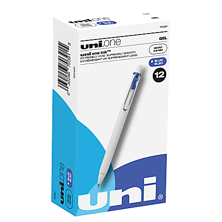 Uni-Ball® One Retractable Gel Pens, Micro Point, 0.5 mm, White Barrel, Blue Ink, Pack Of 12 Pens