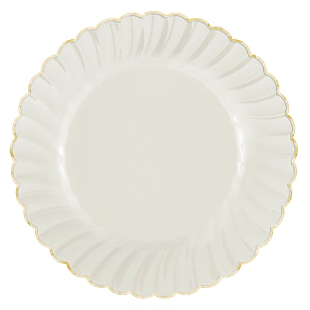 Amscan Scalloped Premium Plastic Plates With Trim, 10-1/4", Cream/Gold, Pack Of 10 Plates