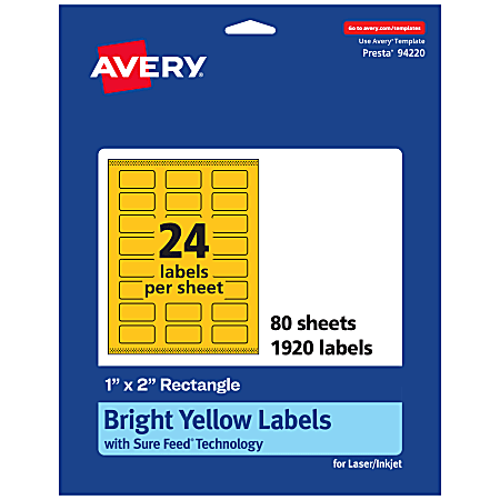 Avery® Print-To-The-Edge Labels With Sure Feed® Technology And Easy Peel®, 94220-BYP80, Rectangle, 1" x 2", Matte Bright Yellow, Pack of 1920