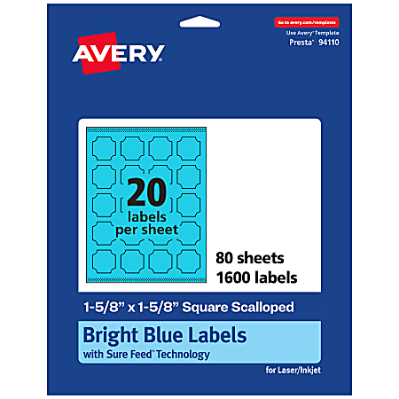 Avery® Print-To-The-Edge Labels With Sure Feed® Technology, 94110-BBP80, Square Scalloped, 1-5/8" x 1-5/8", Matte Bright Blue, Pack of 1600