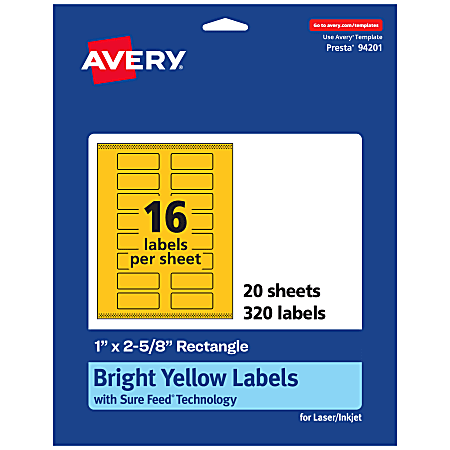 Avery® Print-To-The-Edge Labels With Sure Feed® Technology And Easy Peel®, 94201-BYP20, Rectangle, 1" x 2-5/8", Matte Bright Yellow, Pack of 320