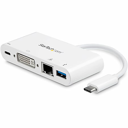 StarTech.com USB C Multiport Adapter - with Power Delivery (USB PD) - USB C to USB 3.0/DVI/Gigabit Ethernet - DKT30CDVPD