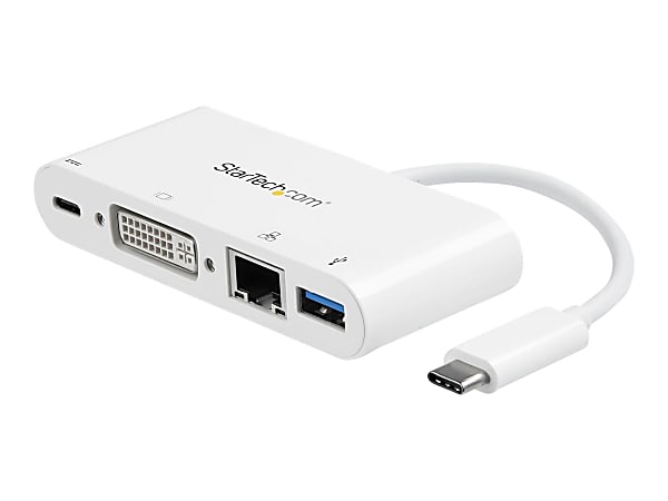 StarTech.com USB C Multiport Adapter - with Power Delivery (USB PD) - USB C to USB 3.0 / DVI / Gigabit Ethernet - USB-C Hub - Charge a laptop through USB Type C and create a workstation wherever you go, with DVI video output, Gigabit Ethernet and USB-A