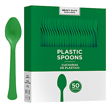 Amscan 8018 Solid Heavyweight Plastic Spoons, Festive Green, 50 Spoons Per Pack, Case Of 3 Packs