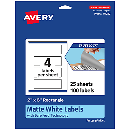 Avery® Print-To-The-Edge TrueBlock® Labels With Sure Feed®, 94242-TWMP25, Rectangle, 2" x 6", Matte White, Pack Of 100
