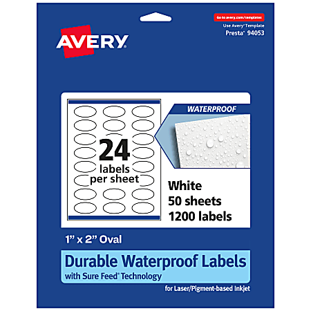 Avery® Waterproof Permanent Labels With Sure Feed®, 94053-WMF50, Oval, 1" x 2", White, Pack Of 1,200
