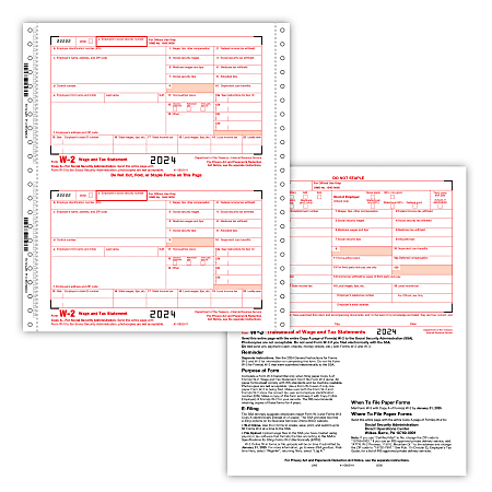 ComplyRight® W-2 Tax Forms Set, 6-Part, 2-Up, Employer’s Copies A, 1/D, B, C, 2, 1/D, 1-Wide, Continuous, 9" x 11", Pack Of 100 Forms