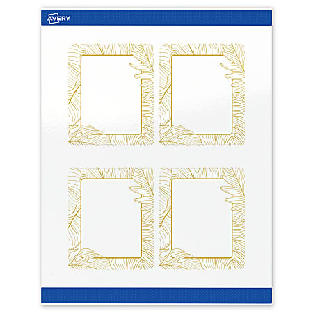 Avery® Printable Labels With Sure Feed® Technology, S00-EVW, Rectangle, 4" x 3-1/3", Glossy White With Preprinted Gold Leaf Pattern, Pack Of 40