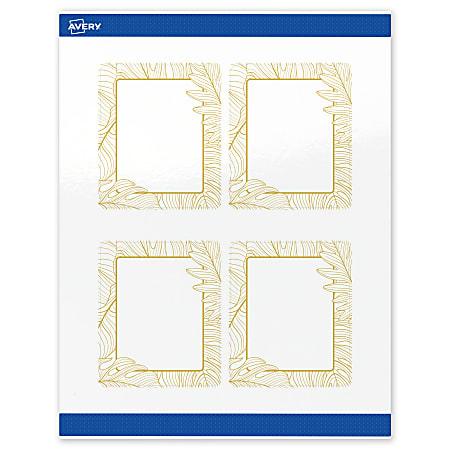 Avery® Printable Labels With Sure Feed® Technology, S00-EVW, Rectangle, 4" x 3-1/3", Glossy White With Preprinted Gold Leaf Pattern, Pack Of 40