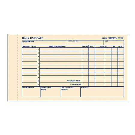 Rediform® Daily Time Clock Card Pads, For Daily Time/2-Page, 4.25" x 7", Manila, 100 Pages