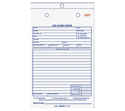 Rediform 2-Part Job Work Order Book, 2 Part, 5-1/2" x 8-1/2", 50 Sheets, Blue/Red