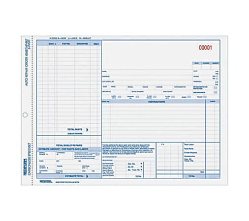 Rediform 3-part Auto Repair Order Forms - 3 PartCarbonless Copy - 11" x 8 1/2" Sheet Size - Assorted Sheet(s) - Blue Print Color - 50 / Pack