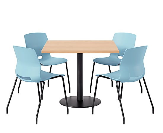 KFI Studios Proof Cafe Pedestal Table With Imme Chairs, Square, 29”H x 42”W x 42”W, Maple Top/Black Base/Sky Blue Chairs
