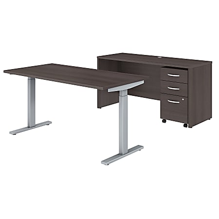 Bush Business Furniture Studio C Electric 60"W x 30"D Adjustable Standing Desk, Credenza and One Mobile File Cabinet, Storm Gray, Standard Delivery