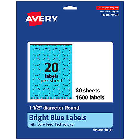 Avery® Print-To-The-Edge Labels With Sure Feed® Technology And Easy Peel® Label Feature, 94506-BBP80, Round, 1-1/2", Matte Bright Blue, Pack of 1600
