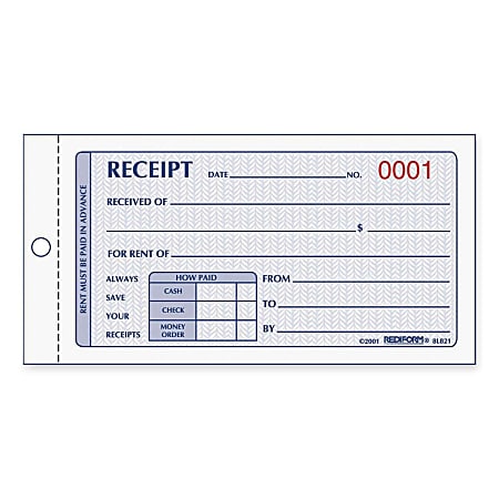 Rediform Numbered Carbonless Rent Receipt Books - 50 Sheet(s) - 2 Part - Carbonless Copy - 5" x 2 3/4" Sheet Size - Red Print Color - 1 Each