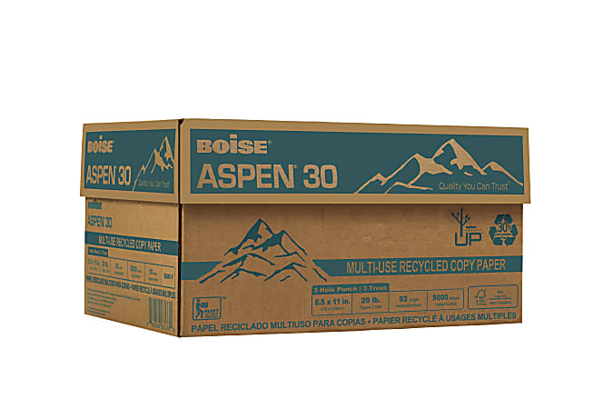 Boise® ASPEN® 30 3-Hole Punched Multi-Use Printer & Copier Paper, Letter Size (8 1/2" x 11"), 5000 Total Sheets, 92 (U.S.) Brightness, 20 Lb, 30% Recycled, FSC® Certified, White, 500 Sheets Per Ream, Case Of 10 Reams