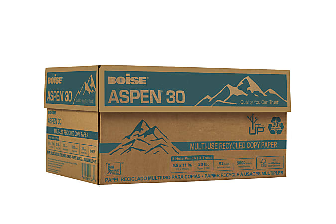 Boise® ASPEN® 30 3-Hole Punched Multi-Use Printer & Copy Paper, White, Letter (8.5" x 11"), 5000 Sheets Per Case, 20 Lb, 92 Brightness, 30% Recycled, FSC® Certified, Case Of 10 Reams