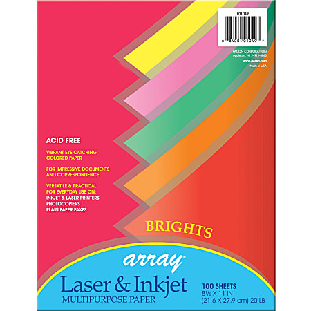 Pacon Bond Paper - Letter - 8.50" x 11" - 20 lb Basis Weight - 100 Sheets/Pack - Bond Paper - 5 Assorted Bright Colors