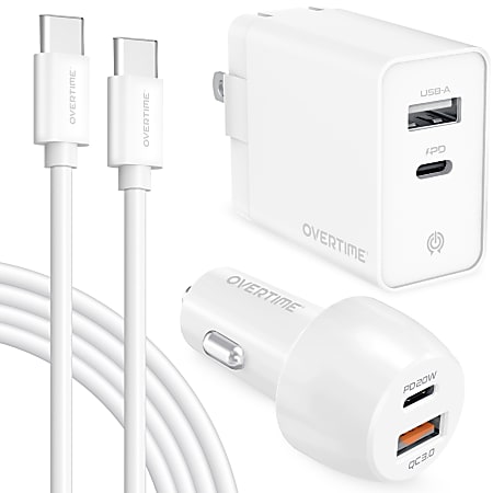 Overtime Wall And Car Charger Kit, 6', White, OHC6TC