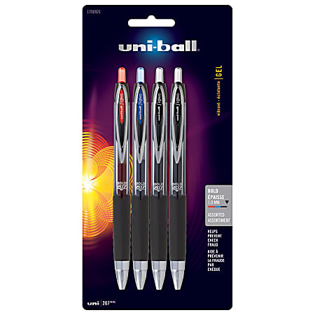 uni-ball® 207™ Retractable Fraud Prevention Gel Pens, Bold Point, 1.0 mm, Translucent Black Barrels, Assorted Ink Colorss, Pack Of 4