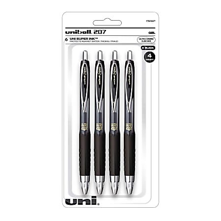 uni-ball® 207™ Retractable Fraud Prevention Gel Pens, Ultra Micro Point, 0.38 mm, Translucent Black Barrels, Black Ink, Pack Of 4
